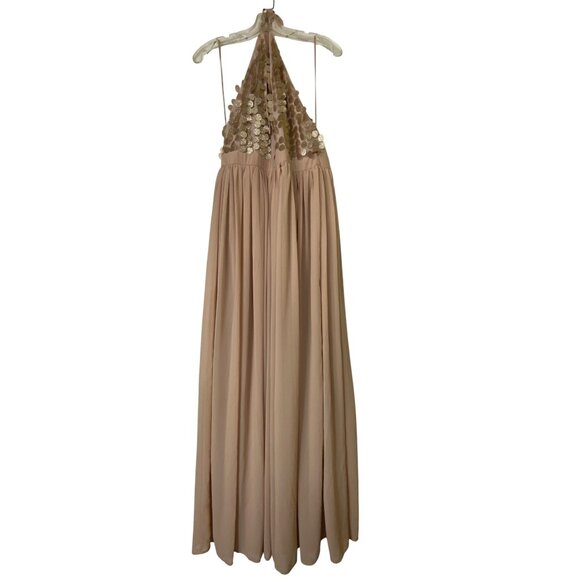 Fashion Nova XL Halter Maxi‎ Dress With Sequin Top & Flowing Skirt In Nude Beige - Picture 3 of 8